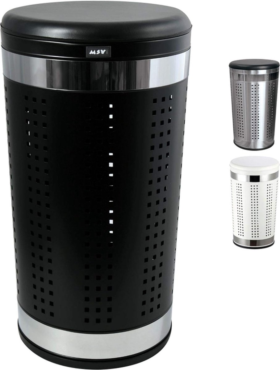 Goedkoopste Wasmand, wasverzamelaar, wasmand met zitkussen, rond, 60,5 cm hoog, metaal, mat zwart