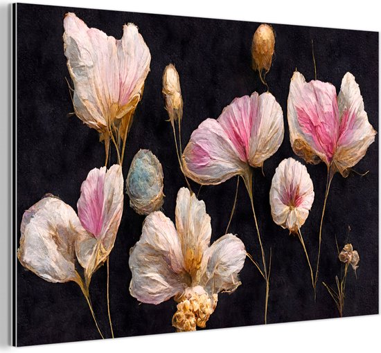 Aluminium schilderij 90x60 cm - Wanddecoratie metaal - Bloemen - Planten - Roze - Zwart - Metalen muurdecoratie woonkamer - Decoratie industrieel - Foto op dibond - Industriële accessoires slaapkamer