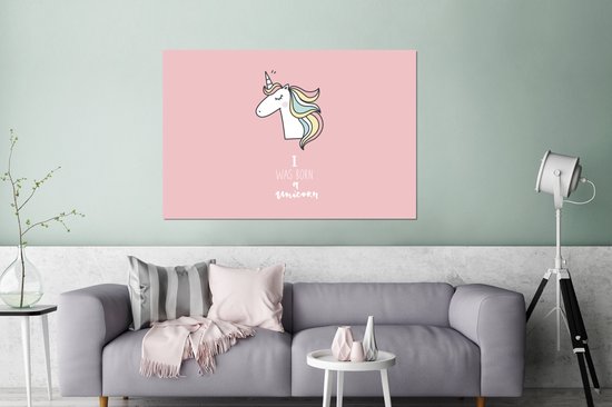 Décoration murale Métal - Peinture Aluminium Industriel - Unicorn - Citations - Rose - Je suis née licorne - Filles - Enfant - 120x80 cm - Dibond - Photo sur aluminium - Décoration murale industrielle - Pour le salon/chambre