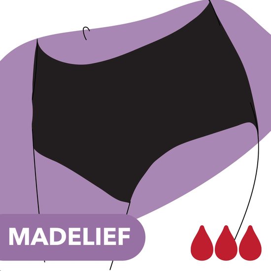 Illustration d'une culotte noire taille haute, modèle Madelief, entourée de formes violettes et de gouttes rouges.