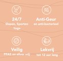 Quatre icônes avec du texte : 24h/24, 7j/7, dormir, sport, yoga ; Anti-odeur et antibactérien ; Sûr, sans PFAS et sans argent ; Anti-fuite jusqu'à 12 heures.