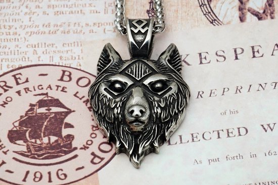 Viking Wolf Ketting Voor Mannen, Nordic Fenrir Head RVS Rune Hanger