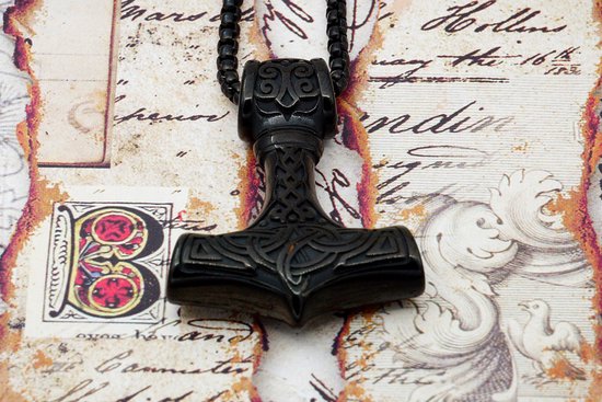 [Two Ravens] Zwarte Thor Hamer - Thor's Hamer met Noorse Knopen - Viking Ketting - Mjolnir Hanger - Noorse Mythologie - Pagan - Asatru - Heidens - Spiritueel - Natuur