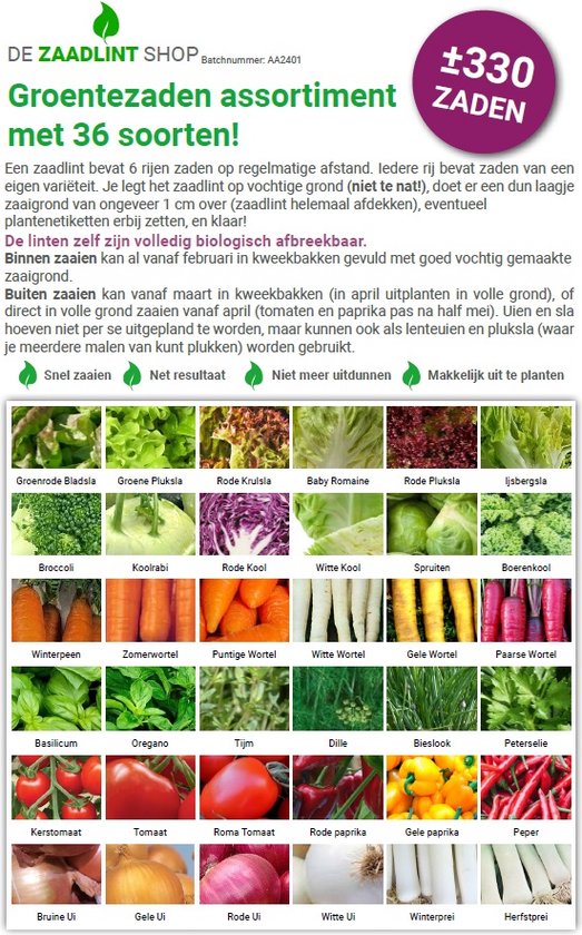 Groentezaden assortiment 36 soorten (sla, kolen, wortels, kruiden, tomaten, paprika, uien, prei) zaadlint - Zaadlint.nl