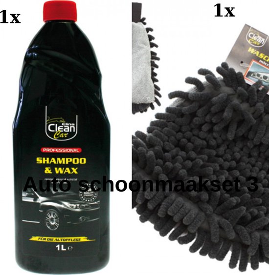 Ensemble Elina Clean Car: bouteille de 1L de shampooing et cire et gant de lavage gris foncé.