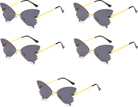 Vlinder zonnebril - Zwart - 5 stuks - Festival bril / Hippie bril / Rave zonnebrilbril / Techno bril / Feestbril / Caranaval bril / accessoires / heren / dames / carnavalskleding / carnavals / verkleed