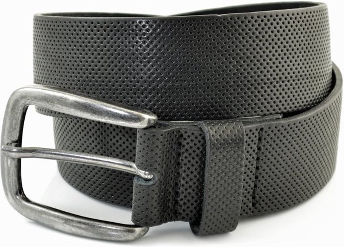 ZWARTE CASUAL RIEM VAN 4CM BREED MET GAATJESPRINT. ITALIAANS NERFLEER EN NIKKELVRIJE GESP. MAAT 85