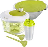 Service à salade, 4 pièces, essoreuse à salade, bol, couverts et shaker à vinaigrette, plastique, transparent/blanc/vert,