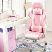 Massage gamingstoel voor volwassenen, ergonomische bureaustoel voor thuis, draaibare racestoelen, ligstoel met hoge rugleuning en rugsteun (roze+wit)