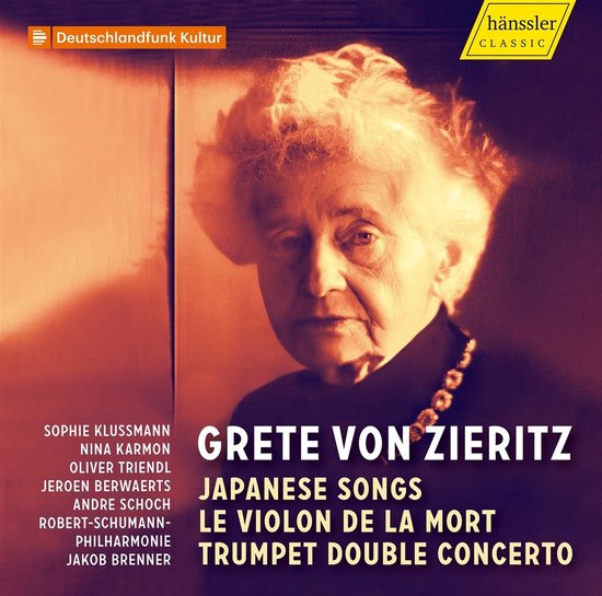 Portret van Grete von Zieritz, met titel 'Grete von Zieritz Japanese Songs Le Violon De La Mort Trumpet Double Concerto'.