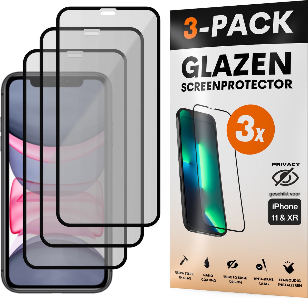 Privacy Screenprotector - Geschikt voor iPhone 11 / XR - Gehard Glas - Full Cover Tempered Privacy Glass - Case Friendly - 3 Pack
