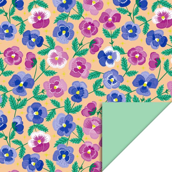 Foto: 1 rol pansy flowers mint 70 cm x 3 meter luxe dubbelzijdig inpak papier geschenkverpakking violen bloemen verjaardag pasen cadeau verpakking kado papier snq cadeau verpakkingen