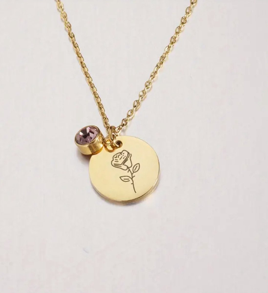 Goedkoopste Ketting - Geboortesteen - Geboortebloem - Birthstone - Birthflower - Roestvrij Staal - Gold Plated - Juni