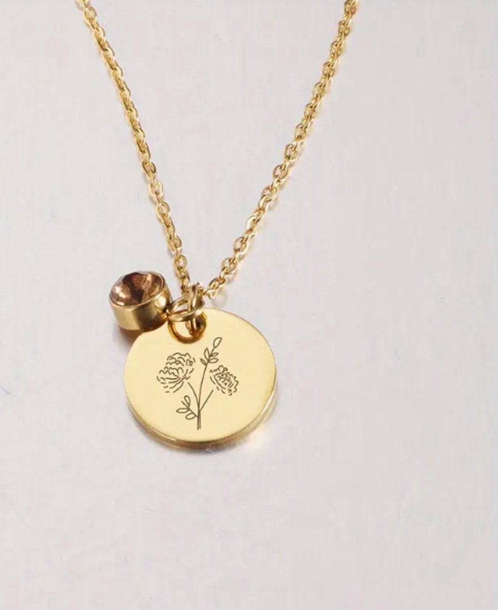 Goedkoopste Ketting - Geboortesteen - Geboortebloem - Birthstone - Birthflower - Roestvrij Staal - Gold Plated - November