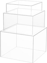 Acryl showbox, 3 stuks, doorzichtige, stapelbare acryl vitrine met holle bodem, vierkante acryl box, transparant, voor detailhandel en thuis, acryl dobbelstenen, klein, medium, groot