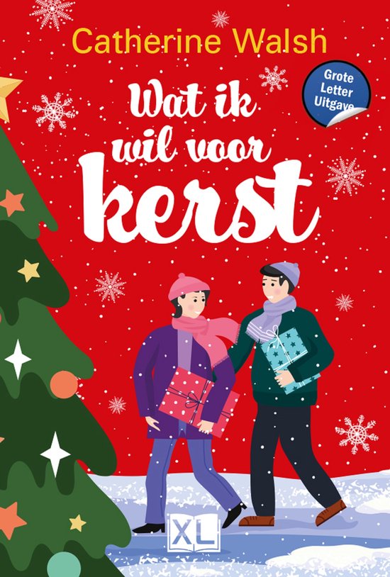 Boekomslag: "Wat ik wil voor kerst" Grote Letter Uitgave met kerstboom en twee figuren die cadeaus vasthouden.