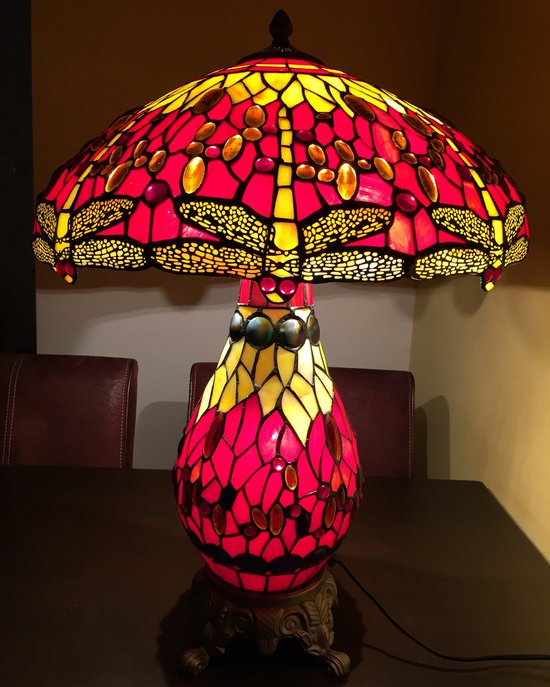 XXL Tiffany lamp Studio stijl "RED DRAGONFLY" tafellamp met drie lichtpunten 62cm! - Tafellamp - Glas (glas-in-lood)