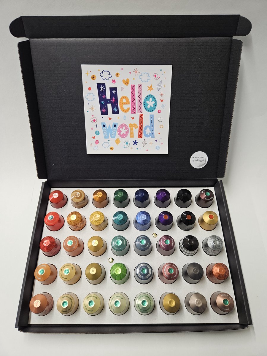 Goedkoopste Koffie Proeverij Pakket groot 40 stuks verschillende smaken met Mystery Card 'Hello World' met persoonlijke (video) boodschap | Verjaardag | Sinterklaas | Kerstpakket | Vaderdag | Moederdag | Jubileum | Valentijnsdag