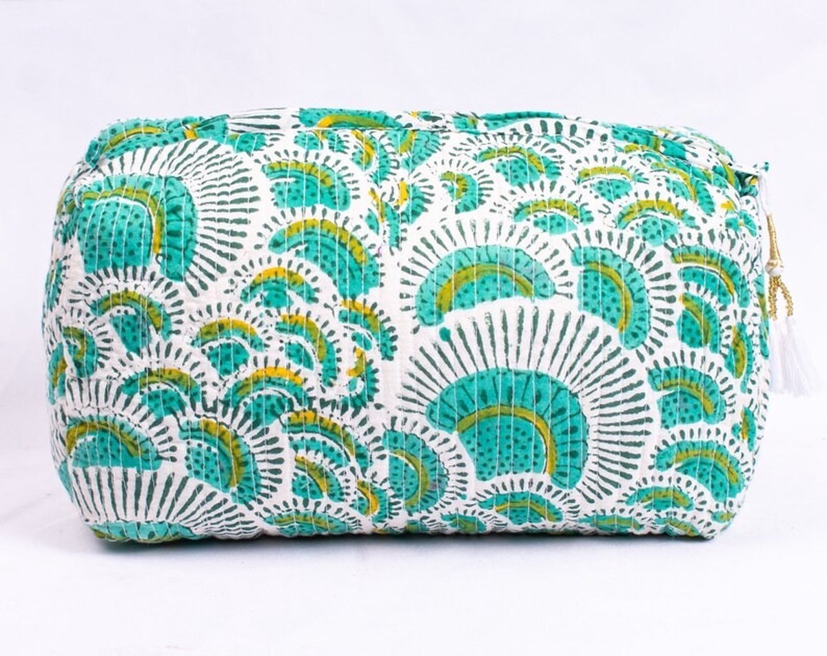 Bambooya toilettas - Bohemian - Ibiza Style - Made in India - Tassel - Wit/groen - Medium ( 21 x 17 x 9 cm)