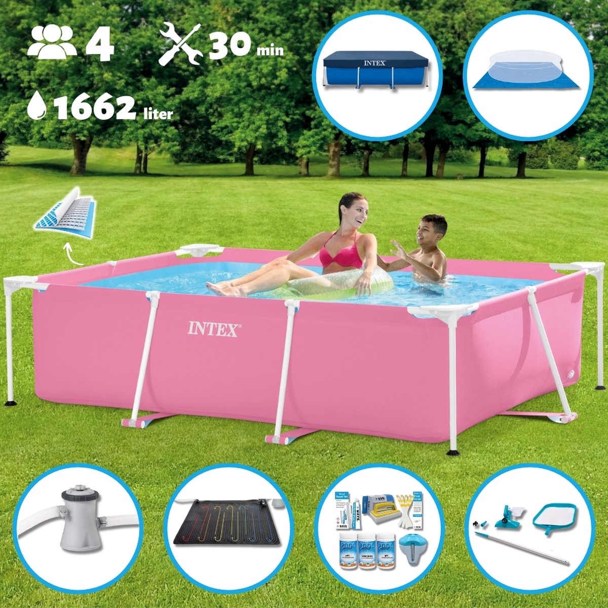 Intex Zwembad – Opzetzwembad – Rechthoekig – 220 x 150 x 60 cm – Roze – Inclusief Pomp – Verwarmingsmat – Chloorpakket – Onderzeil – Afdekzeil – Schoonmaaktset