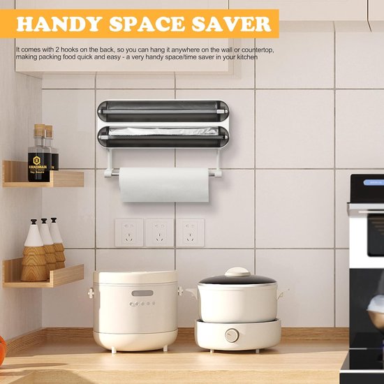 Quasziwa Magnetische huishoudfoliedispenser en snijder - geavanceerde 3-in-1 wandgemonteerde keukenrolhouder, navulbare aluminiumfoliedispenser met papieren handdoekhouder - inclusief 1 x 50 m
