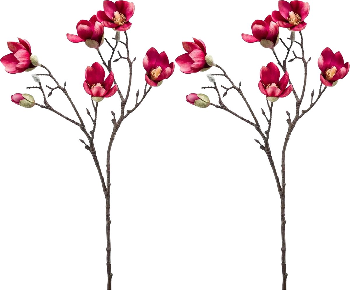 Emerald Kunstbloem Magnolia tak - 2x - 65 cm - dieproze - Kunst zijdebloemen Donkerroze