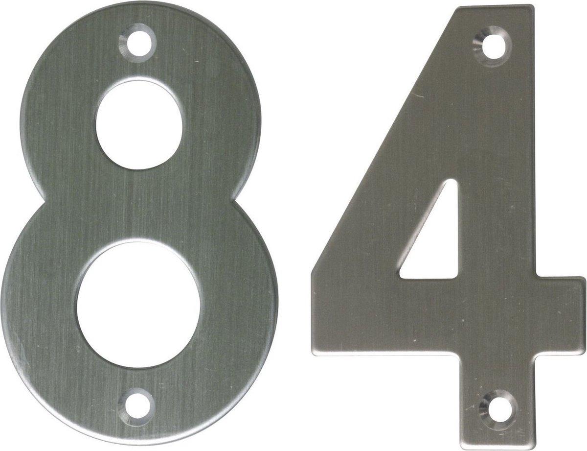 AMIG Huisnummer 84 - massief Inox RVS - 10cm - incl. bijpassende schroeven - zilver