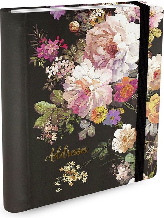 Zwart adresboek met een weelderige bloemenprint in roze, paars, geel en groen. Met elastische band en gouden tekst 'Addresses'.