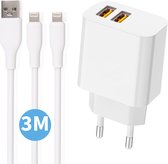Duo USB Oplader met 2x Oplader Kabel - 3 Meter - 2.1A Snellader - Geschikt voor iPhone en iPad