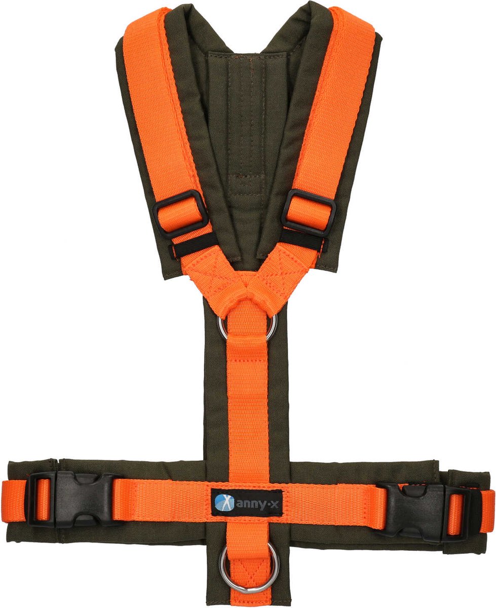 Annyx hondentuig-harnas- Y-tuig-OLIJFGROEN-ORANJE-maat L-geschikt voor borst omtrek 70 tot 86cm-gewicht 26-38kg