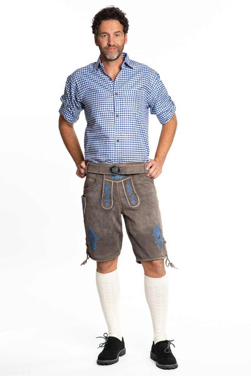 Tannhauser Lederhosen Gaudi Kort 100% Echt Leder Oktoberfest Heren Lederhosen Man Carnavalskleding Heren - Bruin/Blauw- Leer- XL