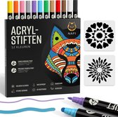 Napi Paint Pens - Marqueurs - Stylos acryliques - Dual pointe - 12 couleurs - Pour Adultes et Enfants - Incl. 2 Modèles de mandalas