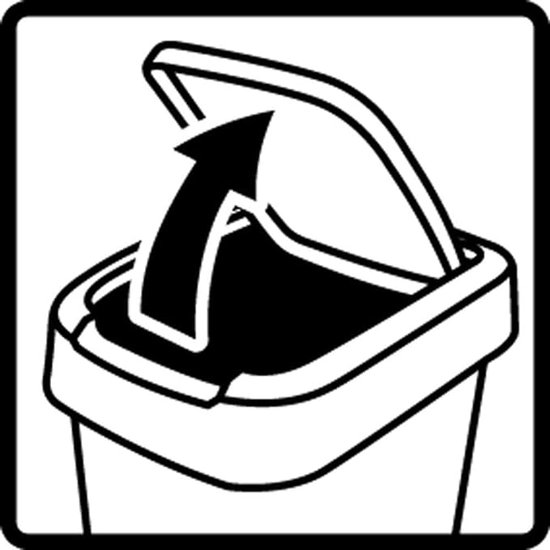 Pictogram van een afvalbak met een open klapdeksel en een pijl die naar binnen wijst.