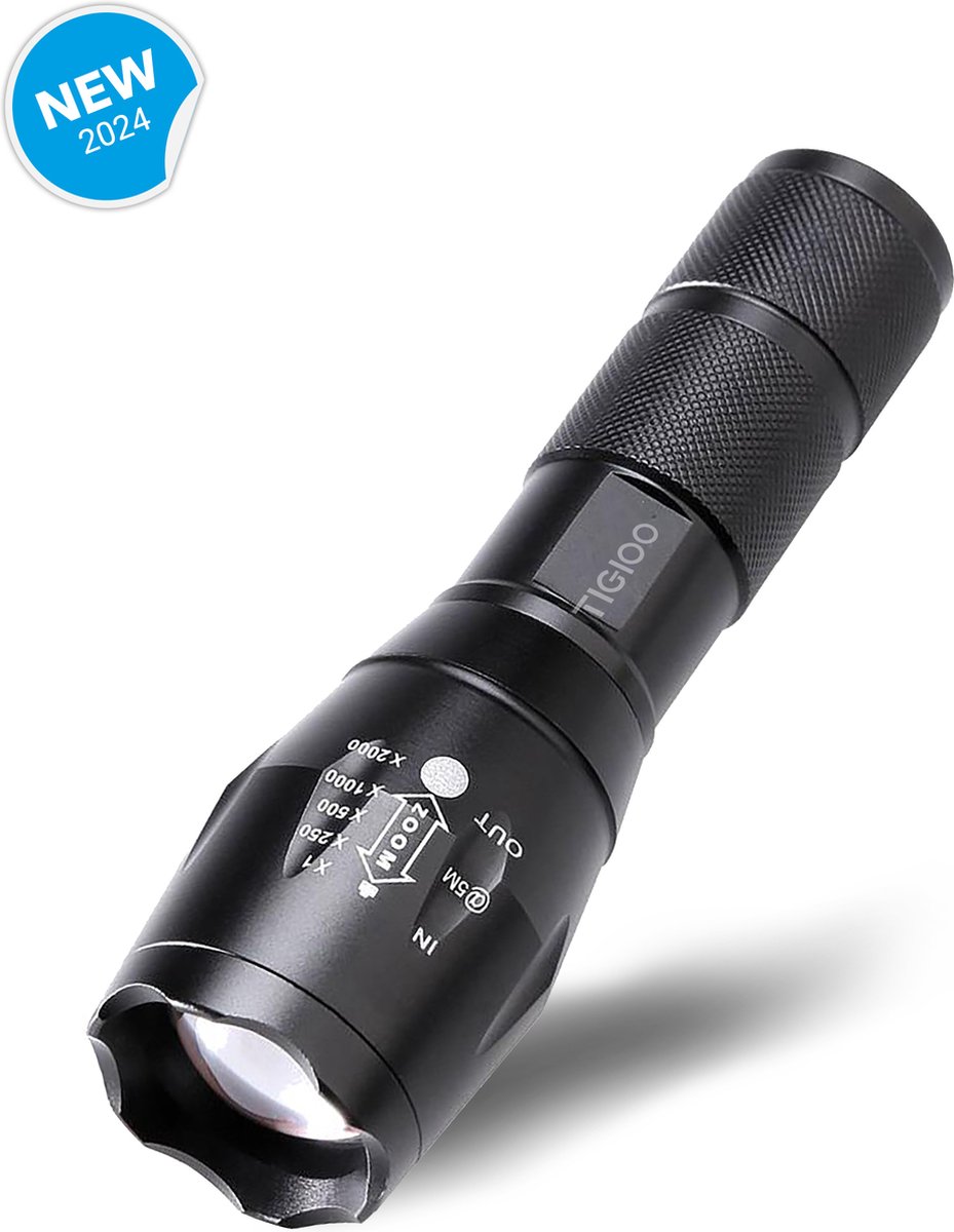Bol.com TIGIOO Zaklamp LED Oplaadbaar - Zwart - Inclusief Oplader, Batterijen & Koffer - Militaire Zaklamp met Instelbare Lichts... aanbieding