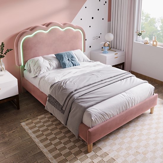 Sweiko gestoffeerd bed LED eenpersoonsbed 90 x 200cm, bedombouw met lattenbodem en verstelbaar hoofdeinde, gestoffeerd bed in roze, bedombouw jeugdbed voor slaapkamer logeerkamer fluweel