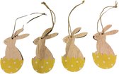 Houten paashangers - Paashaas in gele ei - Set van 4 - Paasdecoratie - Paasboom - Paasversiering