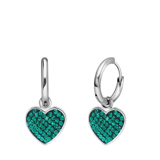 Lucardi Dames Stalen oorbellen hart met kristal emerald - Oorbellen - Staal - Zilverkleurig