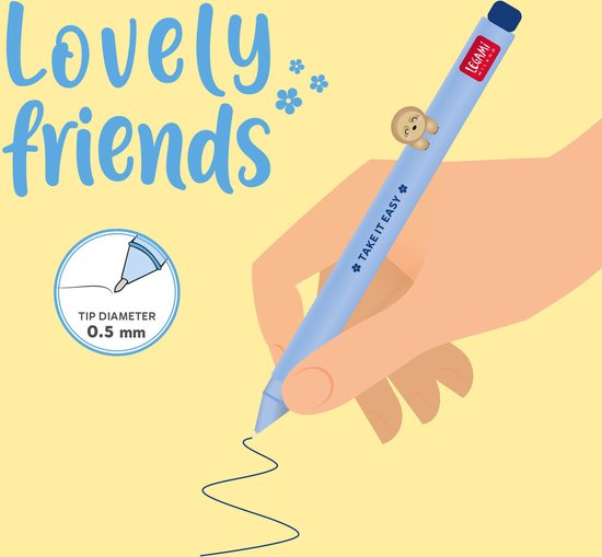 Legami - Set van 2 gelstiften Lovely Friends, gelimiteerde editie, afneembare en hercombineerbare decoratieve dieren, voorkomt rollen, inkt lichtblauw en paars, fijne punt 0,5 mm