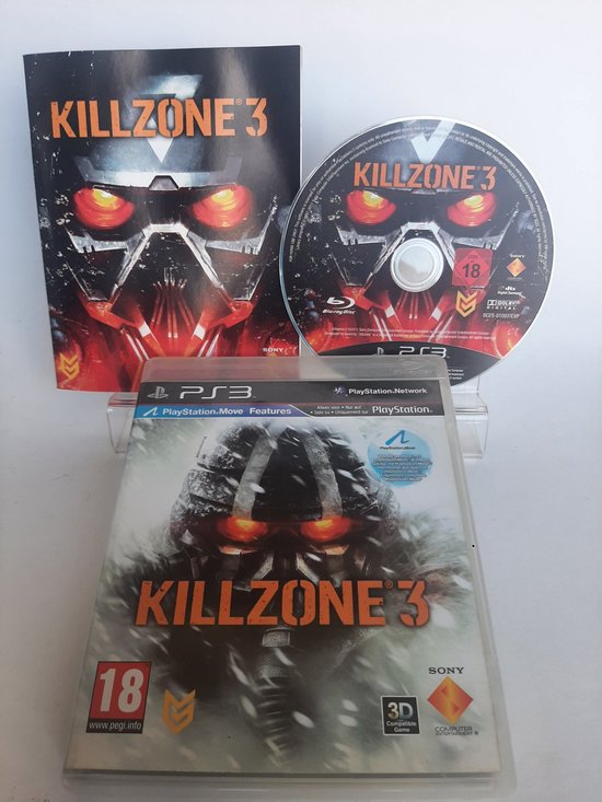 Ensemble du jeu Killzone 3 sur PlayStation 3 : jaquette, disque et livret, arborant tous un soldat casqué.