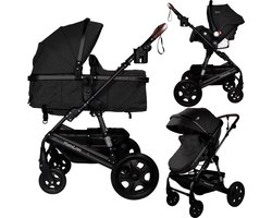 MamaLoes Marly 3 in 1 Kinderwagen - Zwart/Antraciet - Combi Kinderwagen incl. Autostoel