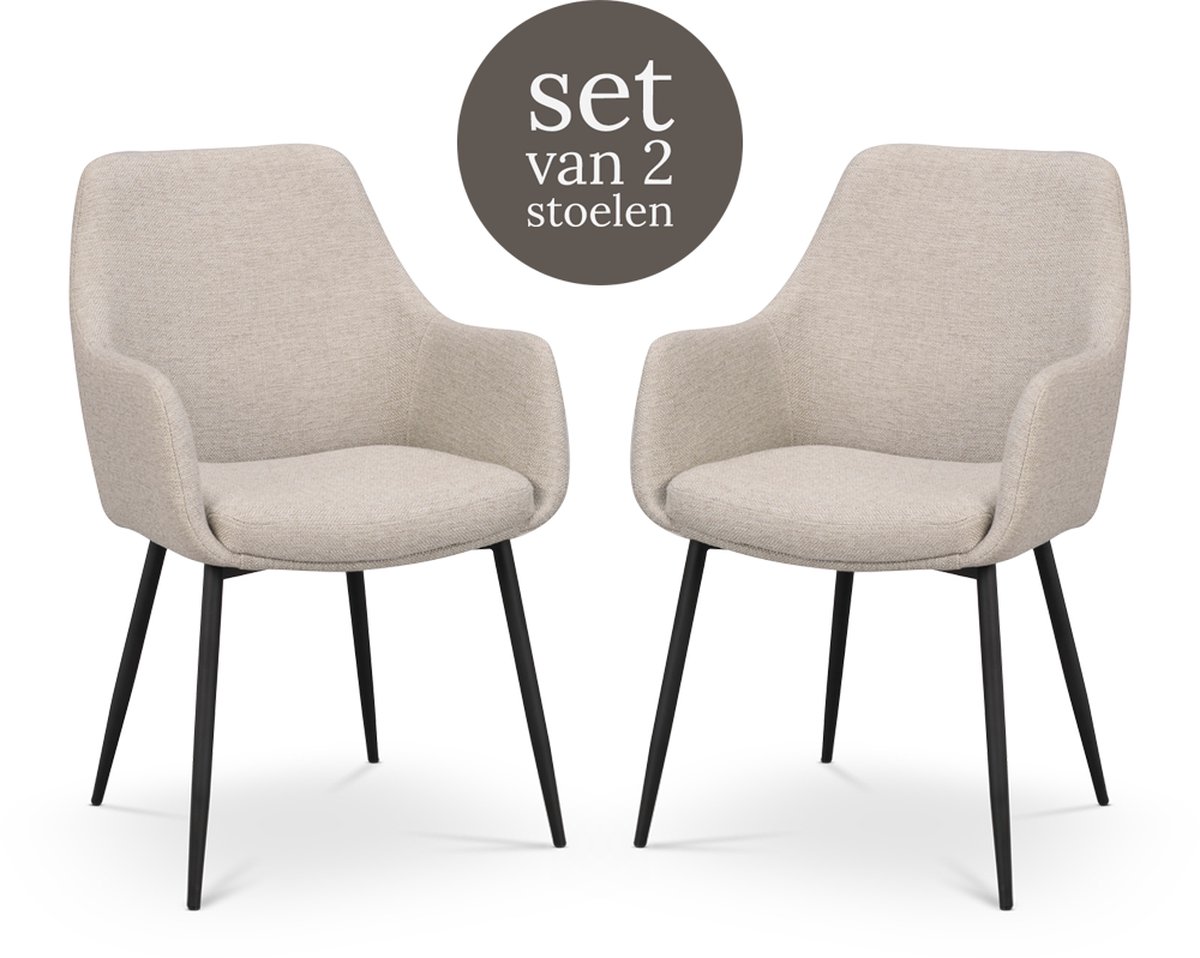 Rowico Home Reily Eetkamerstoel Beige - Met Armleuning - Stof - Zwarte Poten - Armstoel - Set van 2 Eetkamerstoelen