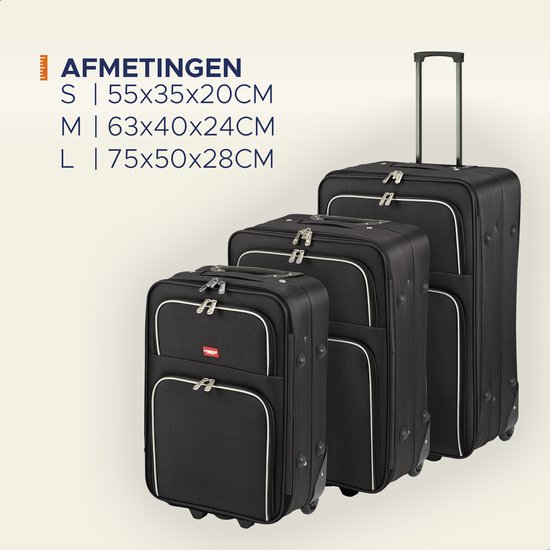 Drie zwarte Princess Traveller koffers van verschillende groottes (S, M, L) naast elkaar.