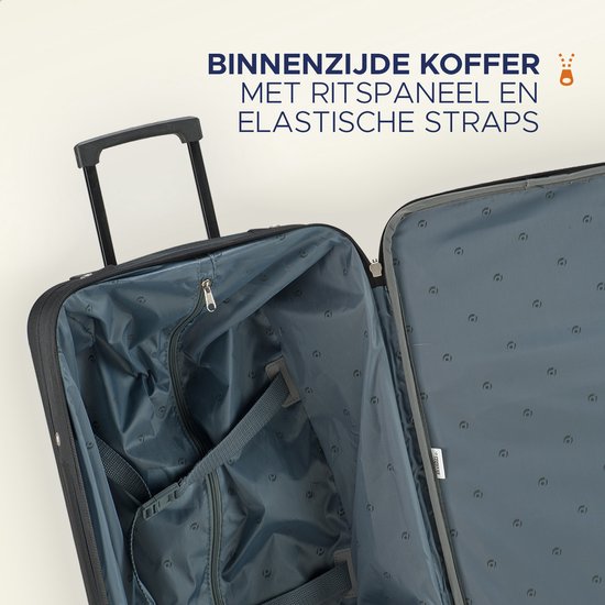 Openstaande zwarte reiskoffer met binnenzijde van een rits paneel en elastische straps.