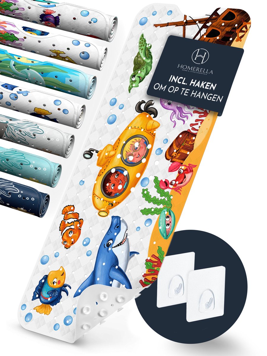 Goedkoopste HOMERELLA Badmat antislip voor kinderen - 100x40cm -100 BPA-vrij antislipmatten - Inclusief 2x ophanging - Badmatten schimmelbestendig & machine wasbaar