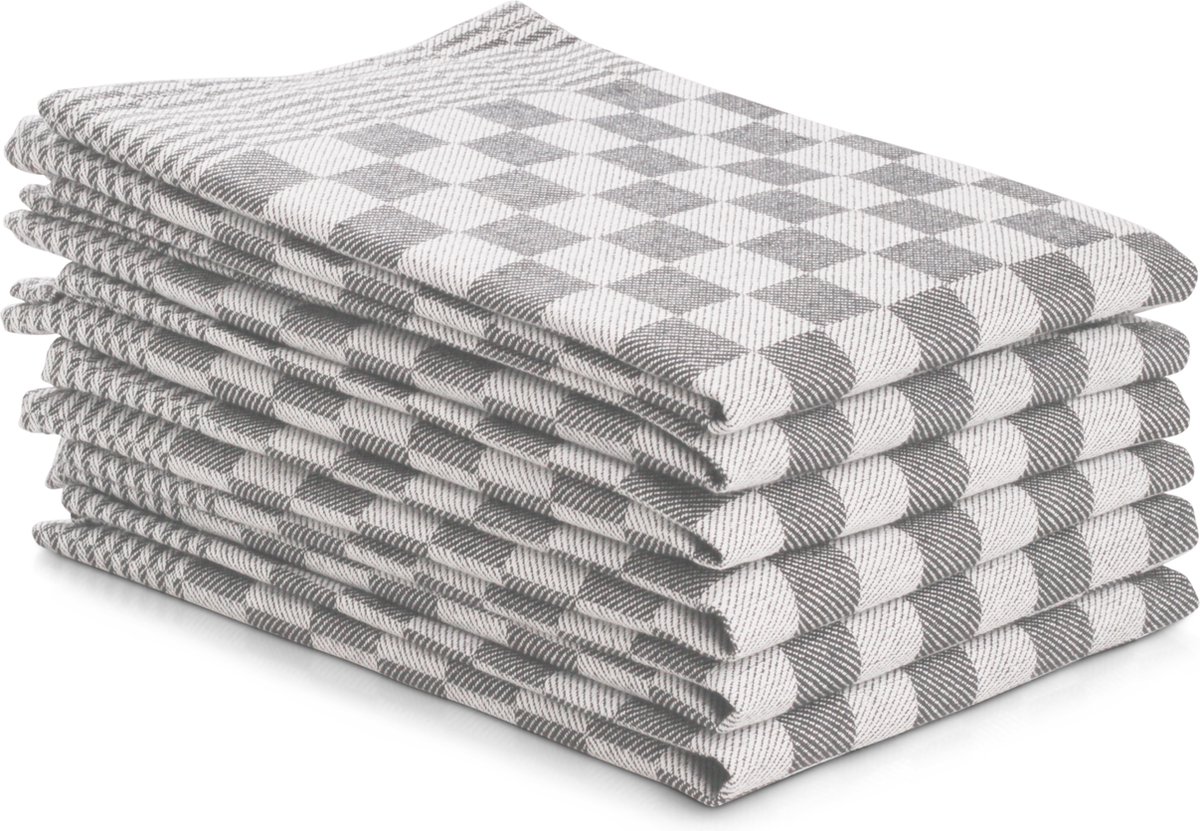 DoubleDry Theedoeken - 6 stuks - 50x70 cm - 100% katoen - blokpatroon - geblokt - horeca ruit - grijs