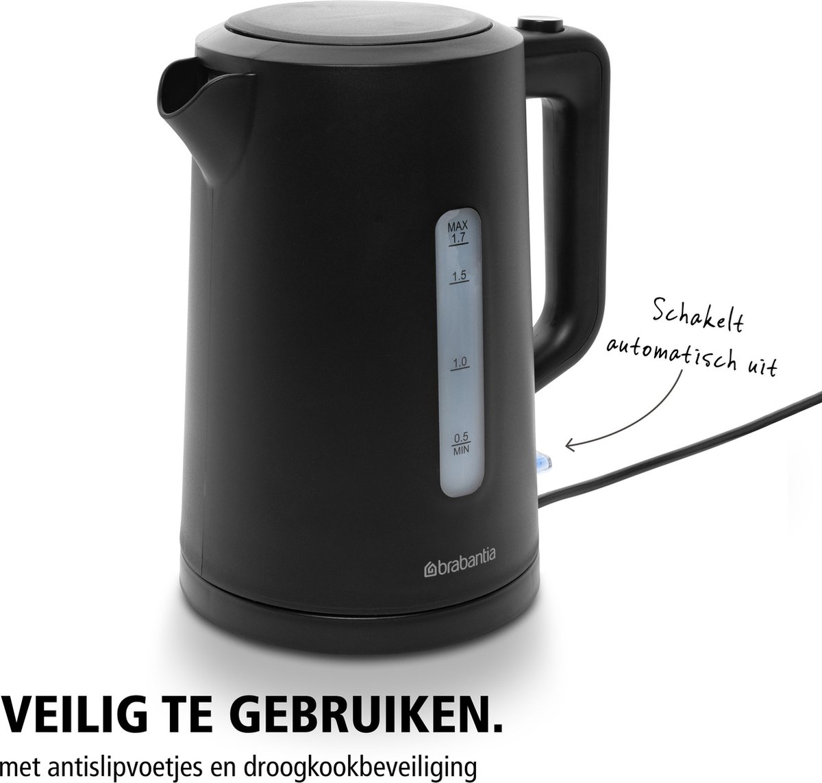 Brabantia Waterkoker - 2200 Watt - 1.7L - Snoeropbergruimte - Automatische uitschakeling - Zwart - BBEK1017 — afbeelding 4