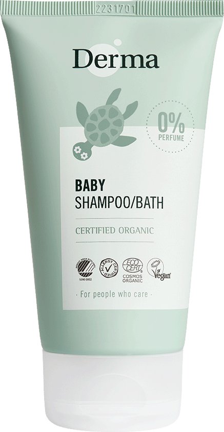 Derma Baby Shampoo/Bath tube met een schildpad en biologische keurmerken, op witte achtergrond.