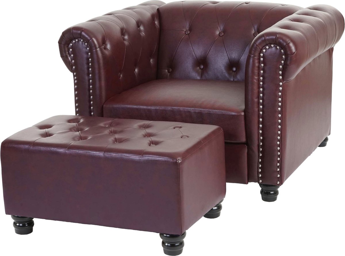 Cosmo Casa Luxe Armstoel - Loungestoel - Relaxstoel - Kunstleer - Ronde Poten - Roodbruin - met Ottoman