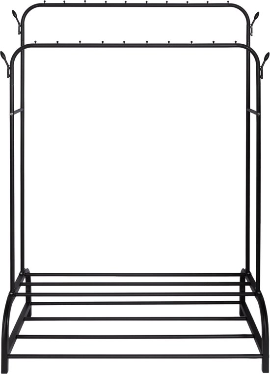 Zwart, stevig metalen kledingrek met twee kledingstangen en twee schoenenplanken.