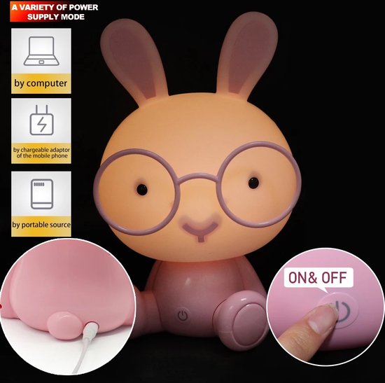 Bunny Led Nachtlampje, Bureaulamp, Kindernachtlampje, Huisdecoratie Konijn, bunny- 23x15x13 CM USB-Touch control-3 standen- Roze. van Silver Gear — afbeelding 2